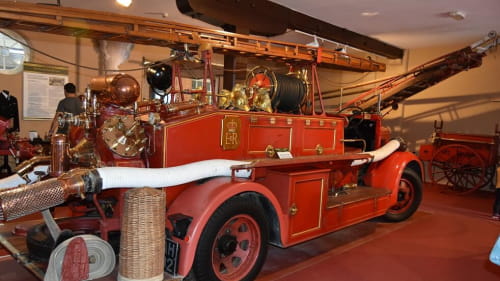 Rear side view of classic Fire Engine on display in the Transport Museum